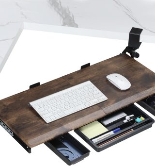 Keyboard Tray Under Desk, Ergonomic Corner Keyboard Tray with 180° Adjustable C Clamp for L Shape Desk 26.77" X 12.2" Easy to Install, Computer Keyboard Stand for Home and Office(Wood)