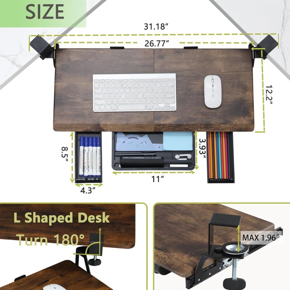 Keyboard Tray Under Desk, Ergonomic Corner Keyboard Tray with 180° Adjustable C Clamp for L Shape Desk 26.77" X 12.2" Easy to Install, Computer Keyboard Stand for Home and Office(Wood) - Image 3