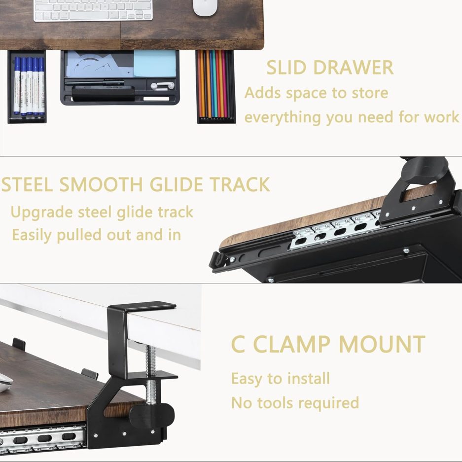 Keyboard Tray Under Desk, Ergonomic Corner Keyboard Tray with 180° Adjustable C Clamp for L Shape Desk 26.77" X 12.2" Easy to Install, Computer Keyboard Stand for Home and Office(Wood) - Image 4