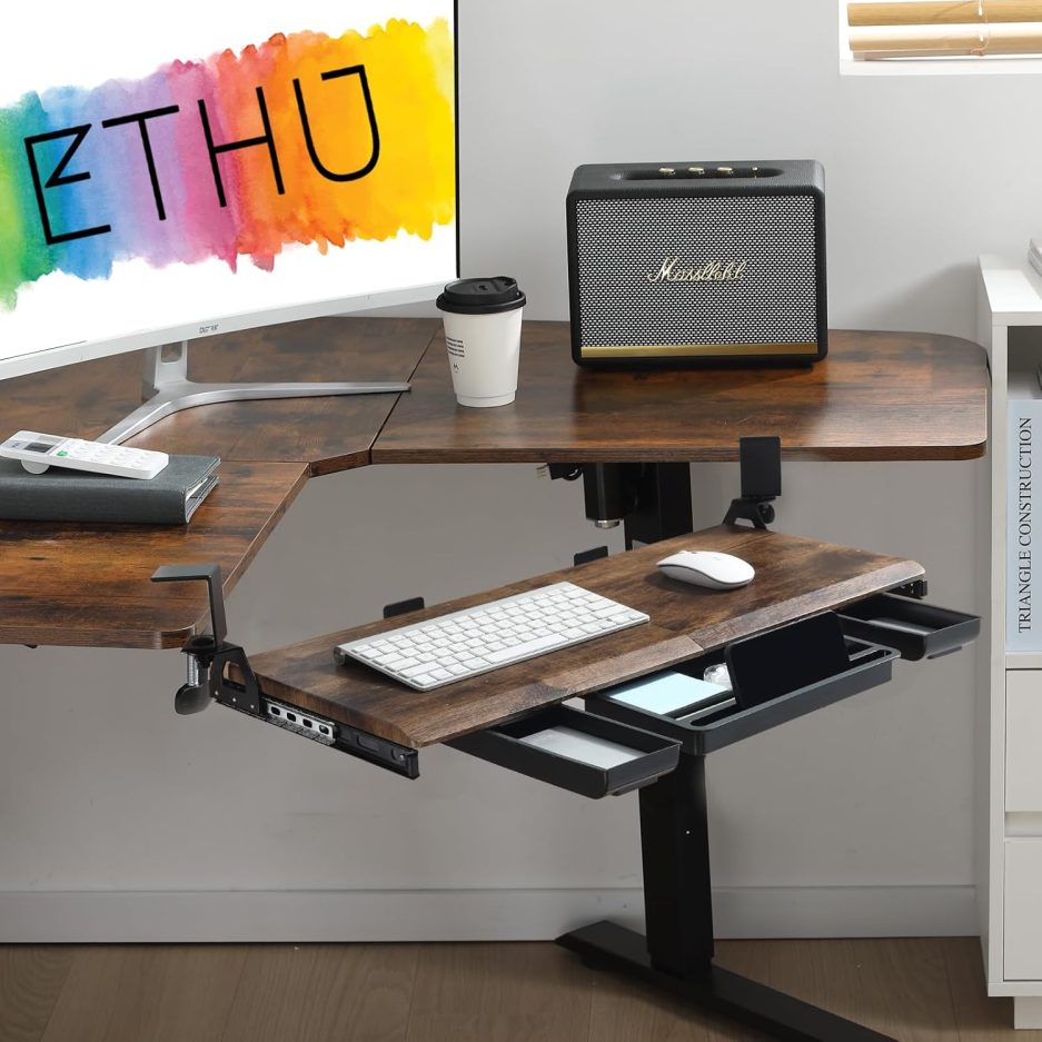 Keyboard Tray Under Desk, Ergonomic Corner Keyboard Tray with 180° Adjustable C Clamp for L Shape Desk 26.77" X 12.2" Easy to Install, Computer Keyboard Stand for Home and Office(Wood) - Image 6