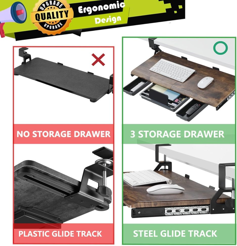 Keyboard Tray Under Desk, Ergonomic Corner Keyboard Tray with 180° Adjustable C Clamp for L Shape Desk 26.77" X 12.2" Easy to Install, Computer Keyboard Stand for Home and Office(Wood) - Image 7