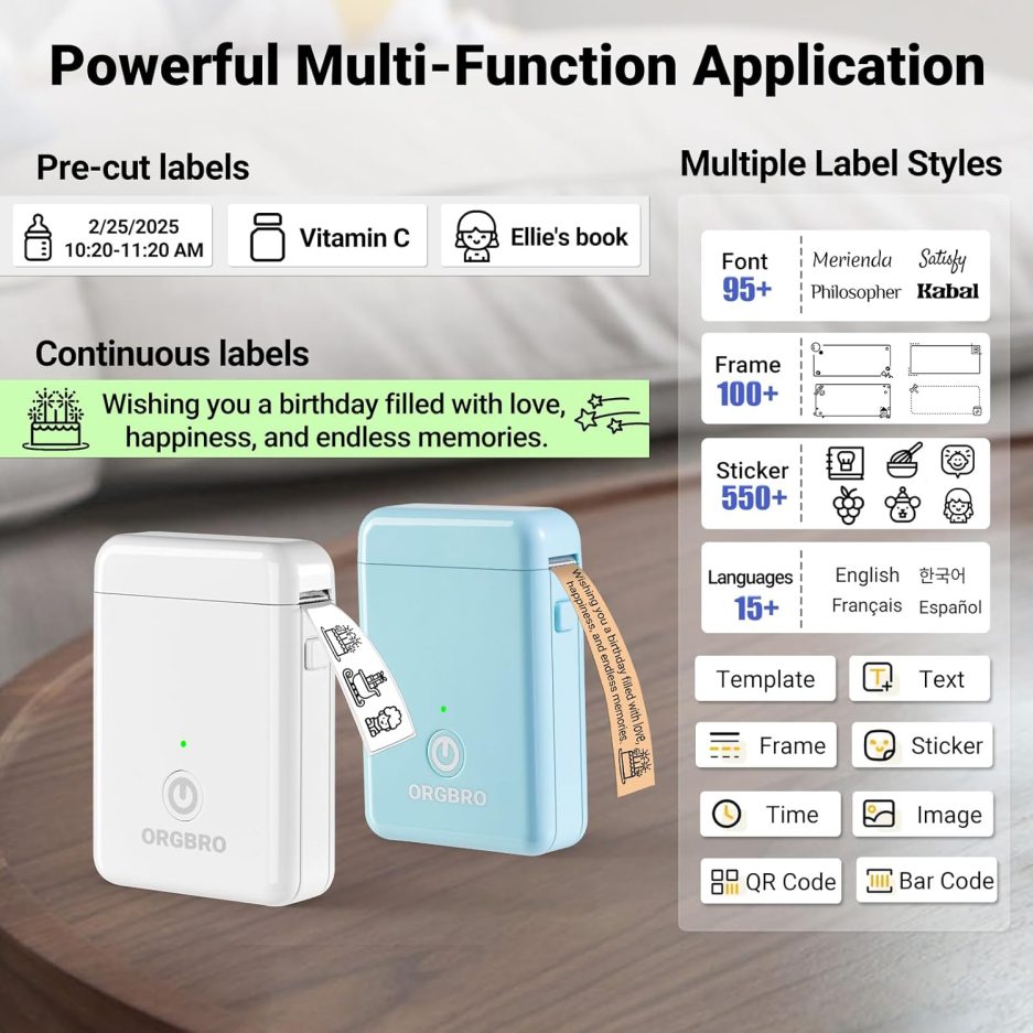 ORGBRO Label Maker Machine with Tape, X1 Portable Bluetooth Mini Label Printer, Support Pre-Cut & Continuous Label, Wireless Small Label Makers with Versatile App for School Home Office Organization - Image 2