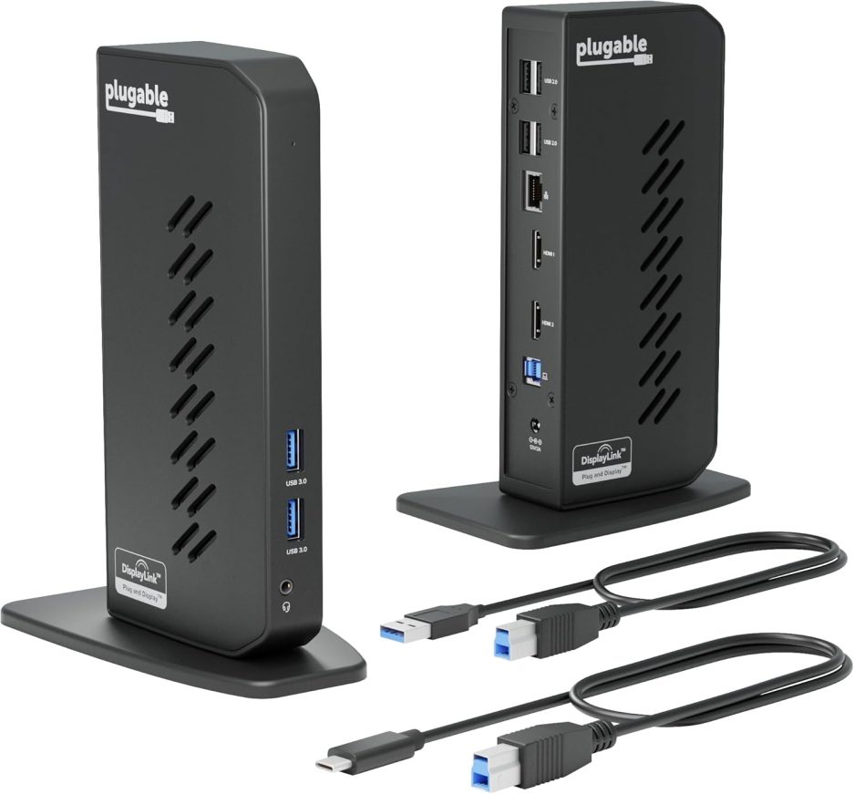 Plugable USB 3.0 and USB-C Universal Laptop Docking Station with 2 HDMI Ports for Windows, Mac (Driver Required), and ChromeOS. Gigabit Ethernet, Audio