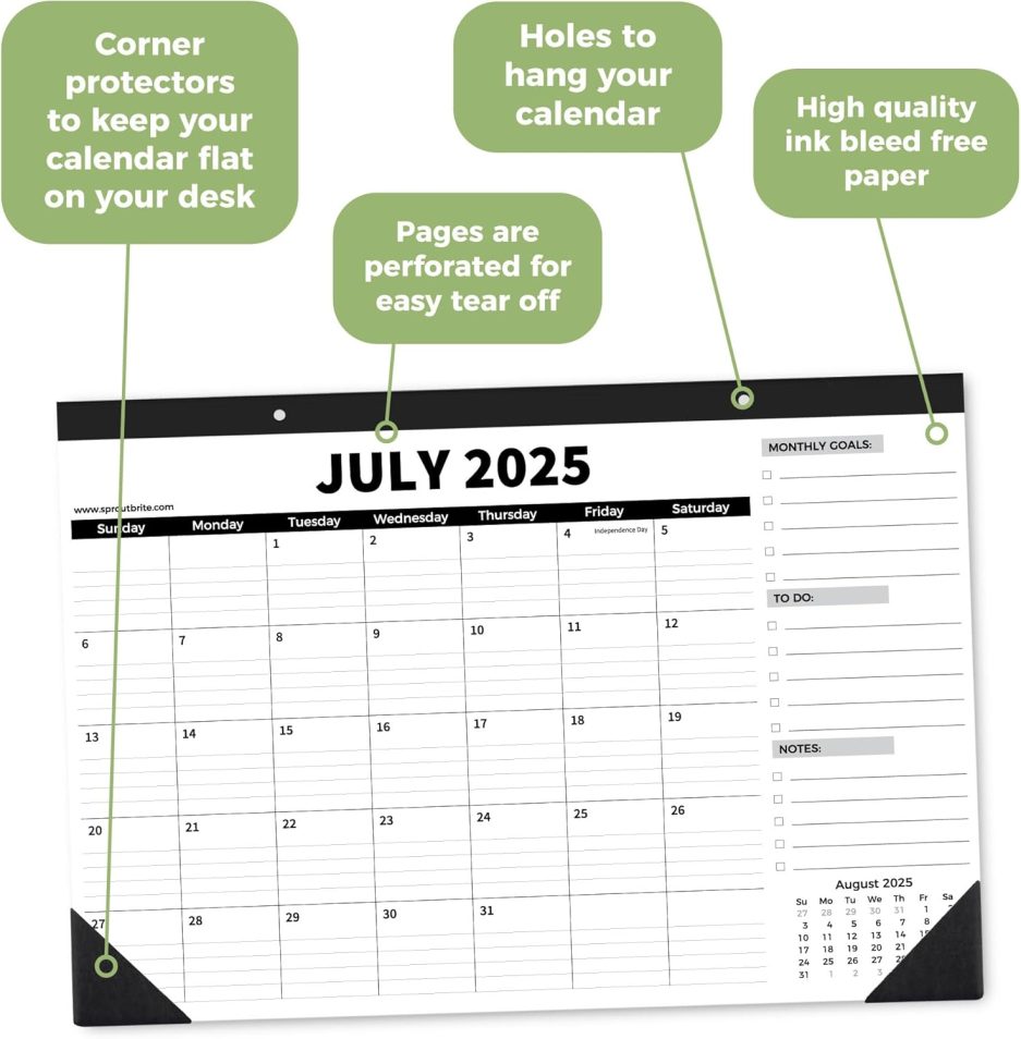 Sproutbrite 18 Month Desk Calendar 17" x 11.5" Medium Size Desktop Monthly Planner with To-Do List and Notes, Home, Office School Desk Calendar (July 1 PACK) - Image 4