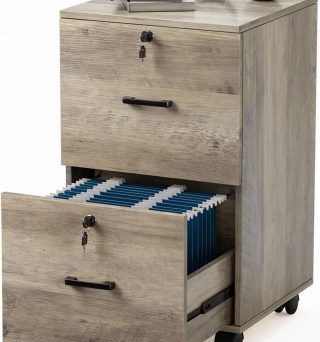 VINGLI 2 Drawer File Cabinet with Lock, Wood Rustic Gray Filing Cabinet for Letter Size File Folders with Tabs, Under Desk Rolling File Cabinets for Home Office, Mobile File Organization Printer Stand