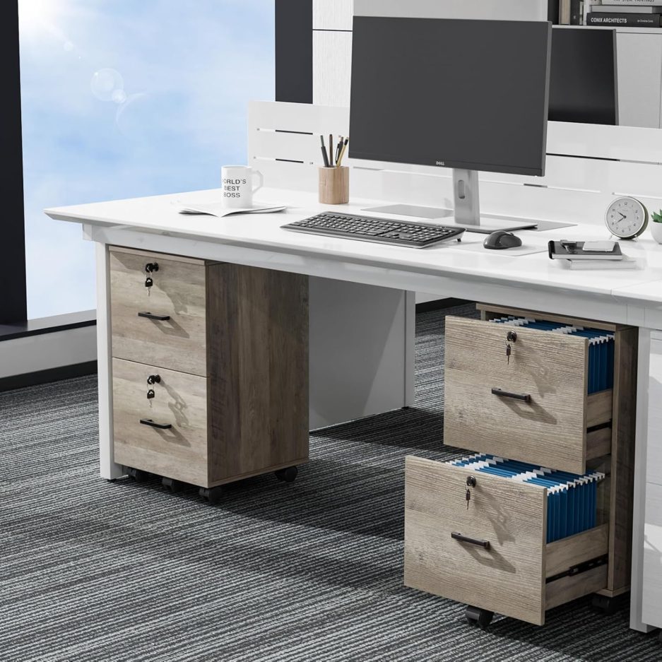 VINGLI 2 Drawer File Cabinet with Lock, Wood Rustic Gray Filing Cabinet for Letter Size File Folders with Tabs, Under Desk Rolling File Cabinets for Home Office, Mobile File Organization Printer Stand - Image 2