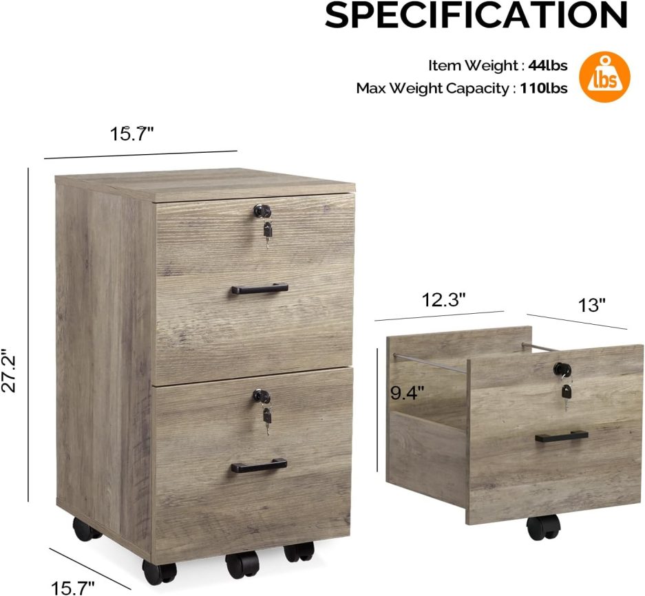 VINGLI 2 Drawer File Cabinet with Lock, Wood Rustic Gray Filing Cabinet for Letter Size File Folders with Tabs, Under Desk Rolling File Cabinets for Home Office, Mobile File Organization Printer Stand - Image 3